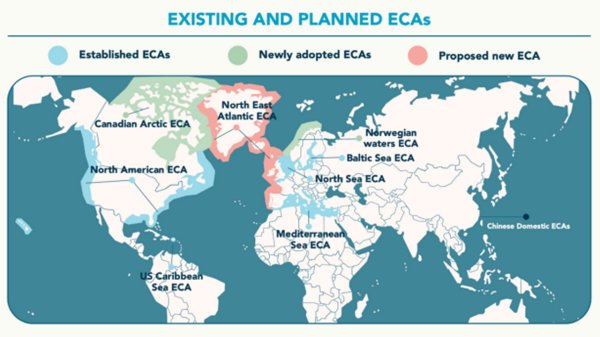 Map showing existing and planned Emission Control Areas (ECAs).
