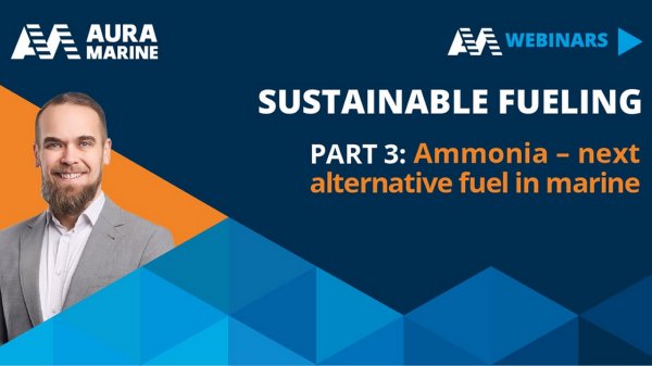 Graphic promoting Auramarine webinar titled 'Sustainable Fueling Part 3: Ammonia - next alternative fuel in marine'.