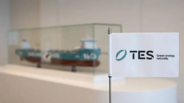 TES flag with a model vessel in the background.