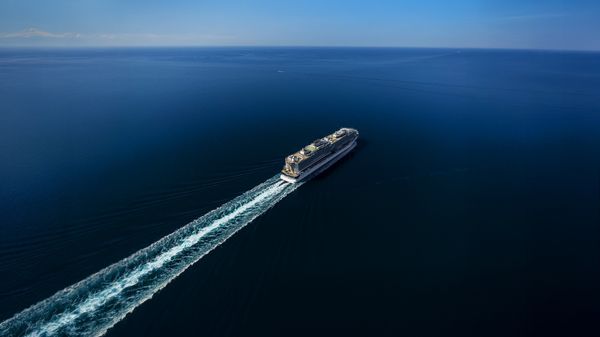 Aerial view of a cruiseship at sea.