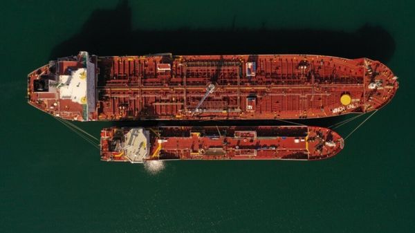 Aerial view of a ship-to-ship (STS) transfer operation.