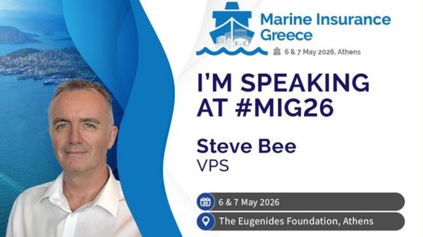 Steve Bee speaking at Marine Insurance Greece 2026 graphic.