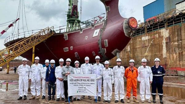 Keel-laying ceremony of a vessel with builder's hull no. 8392.