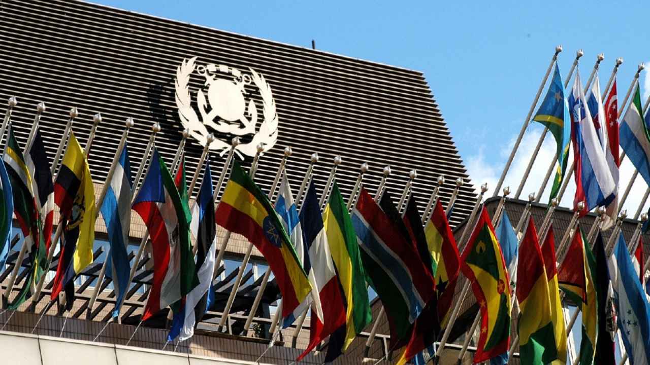 IMO building with national flags.