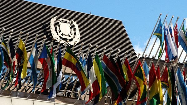 IMO building with national flags.