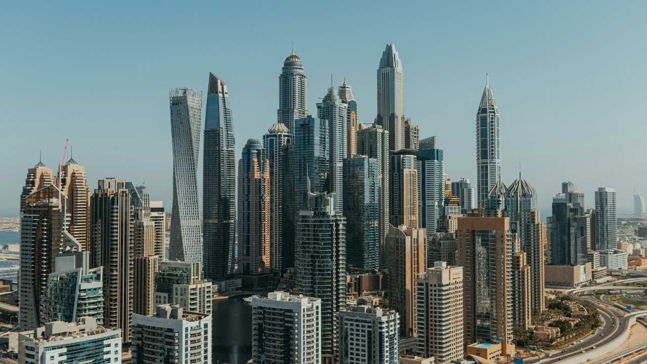 Aerial view of the Dubai skyline.