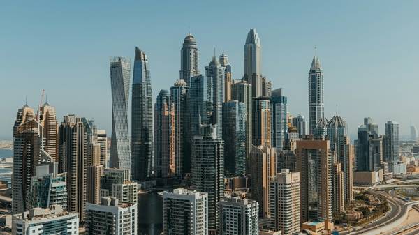 Aerial view of the Dubai skyline.