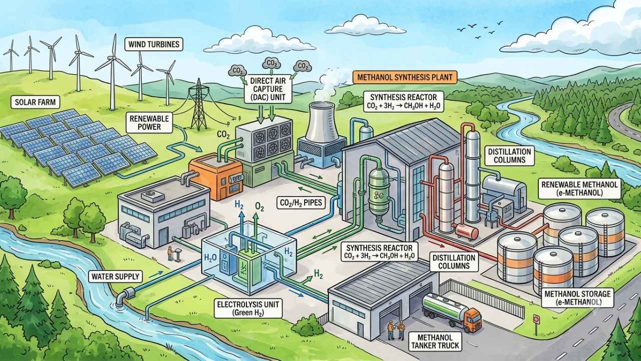 Renewable methanol production illustration.