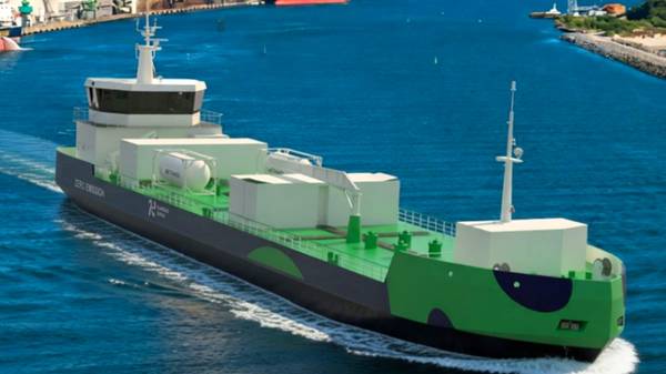 Green methanol bunkering vessel render.