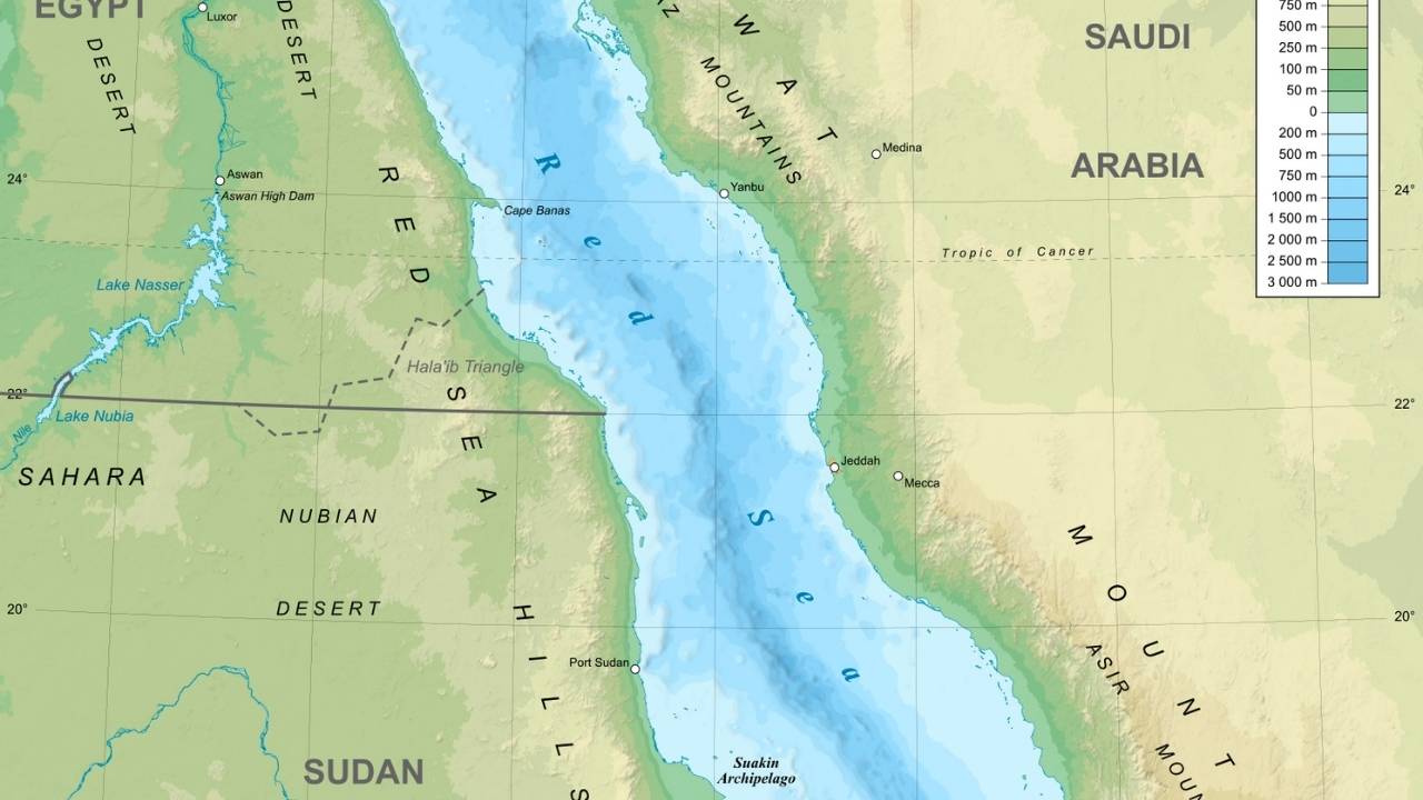 Red Sea topographic map.