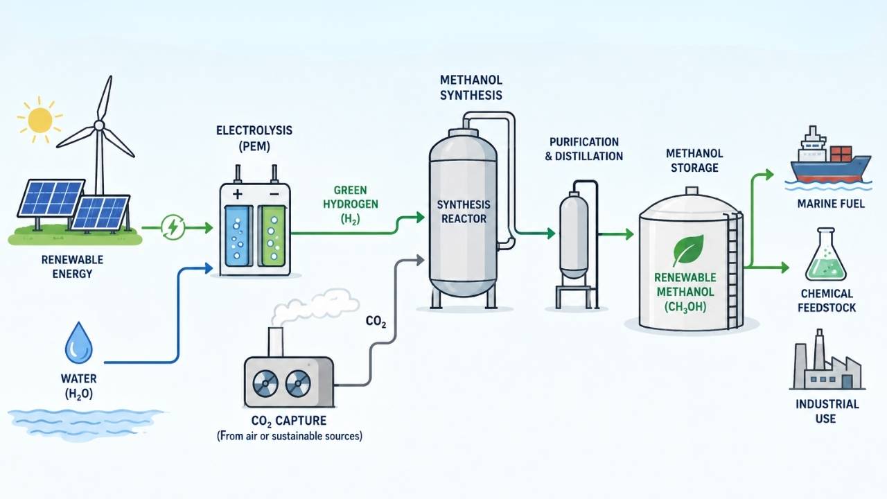 Renewable methanol production illustration.