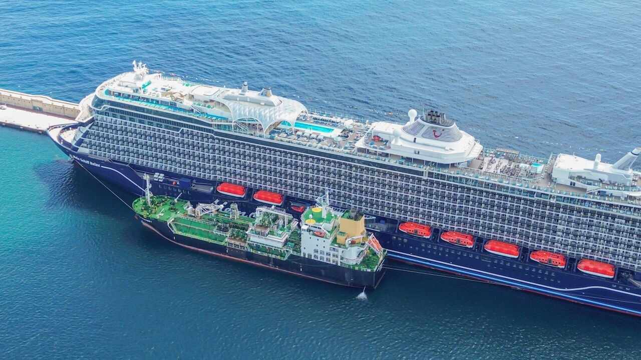 Mein Schiff Relax ship-to-ship (STS) bunkering operation.
