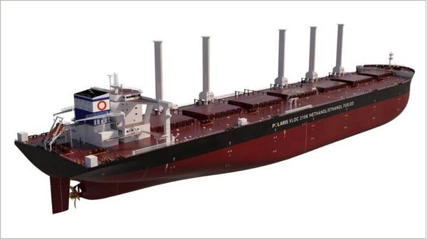 210,000-tonne tri-fuel ore vessel render.