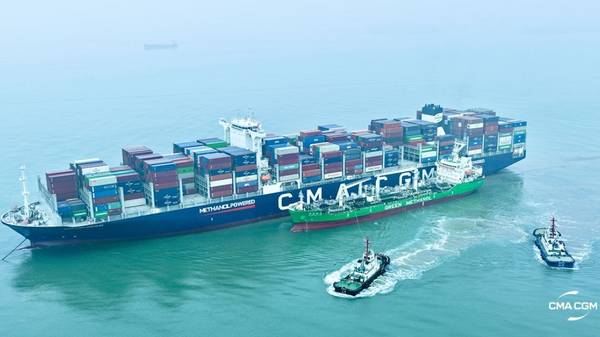 CMA CGM Osmium ship-to-ship (STS) bunkering operation.