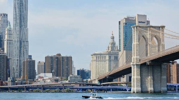 Brooklyn Bridge and New York City skyline.