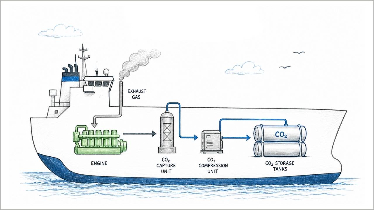 Onboard carbon capture and storage (oCCS) system illustration