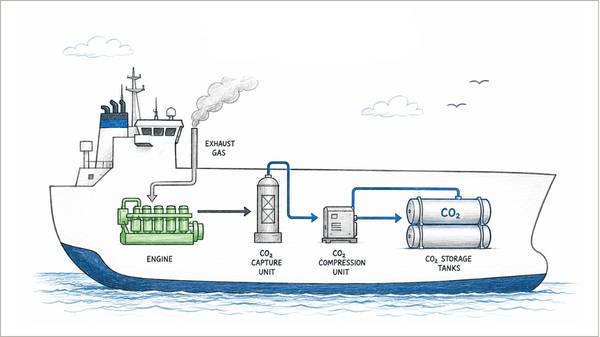 Onboard carbon capture and storage (oCCS) system illustration