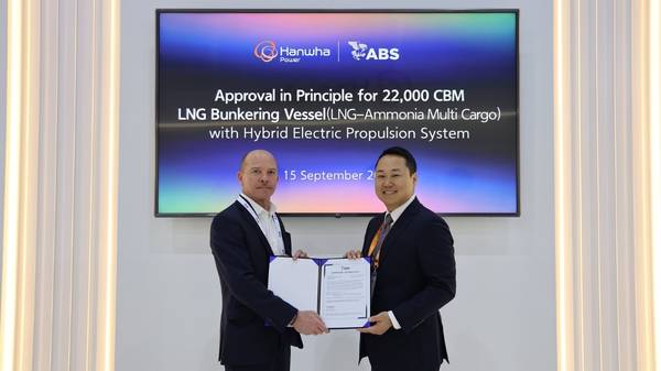 Hanwha Power receives ABS AiP for LNG bunkering vessel design.