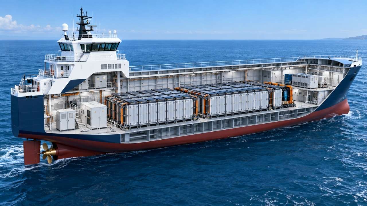 Cutaway illustration of a battery-electric ship.