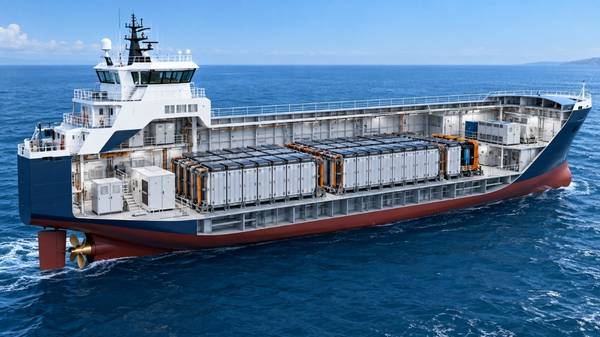 Cutaway illustration of a battery-electric ship.