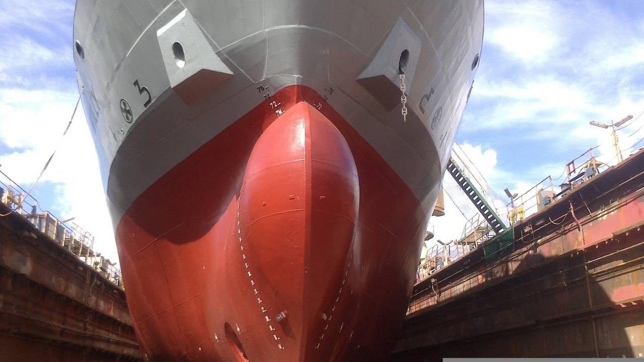 Cargo ship bow in dry dock.