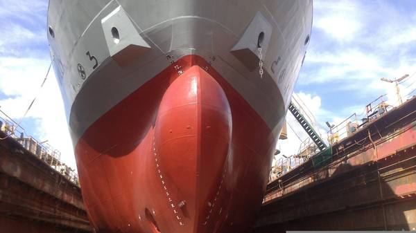 Cargo ship bow in dry dock.