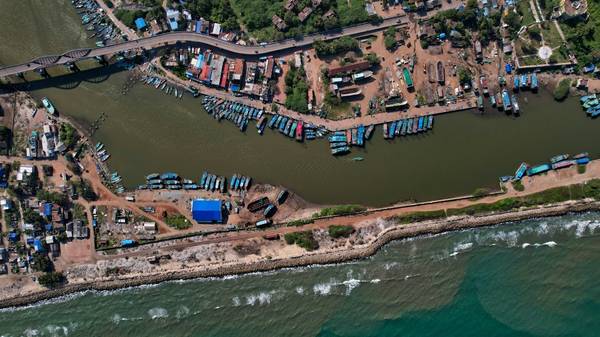 Aerial view of harbour in Karaikal, Puducherry, India